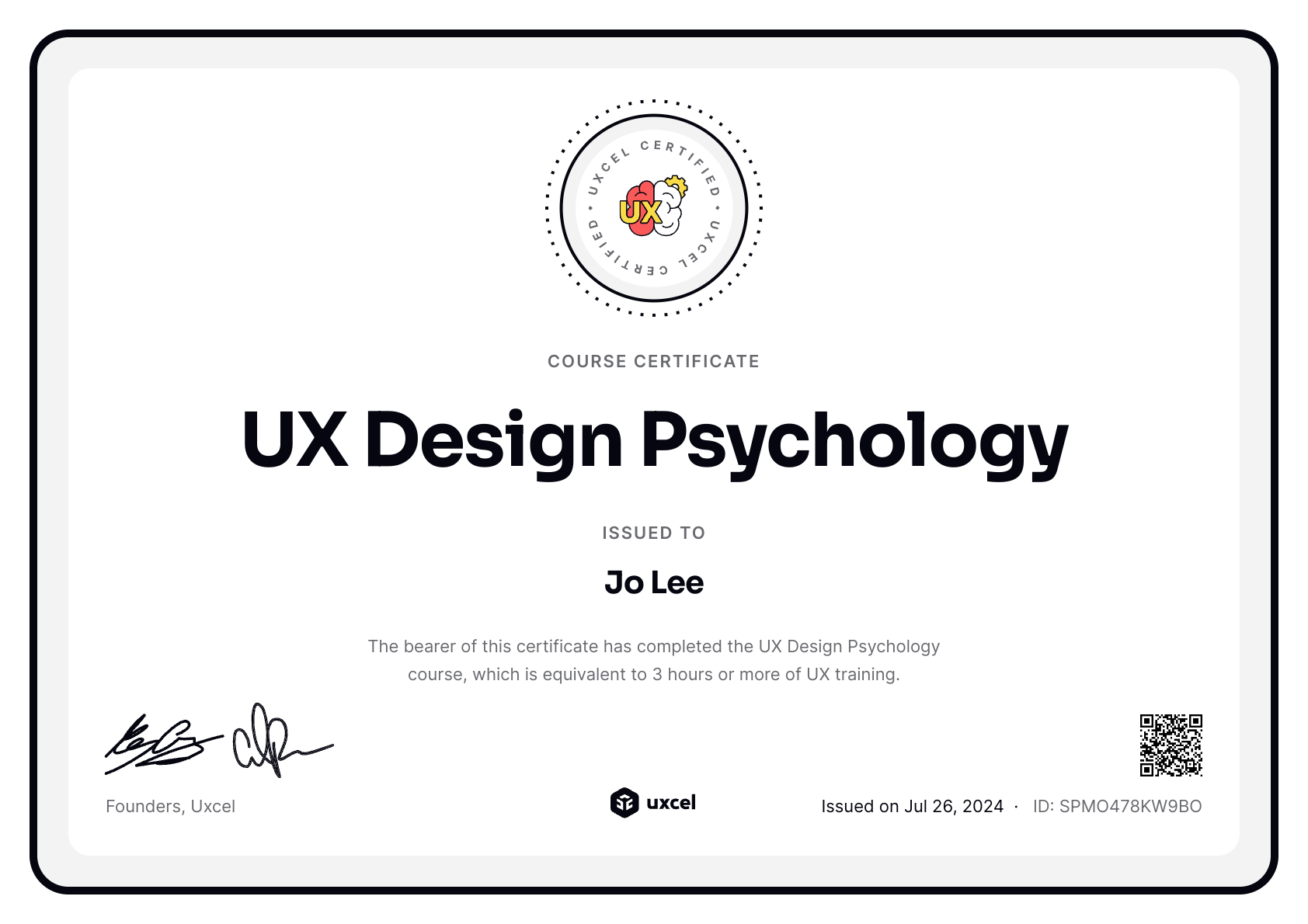 Jo Lee's certificate